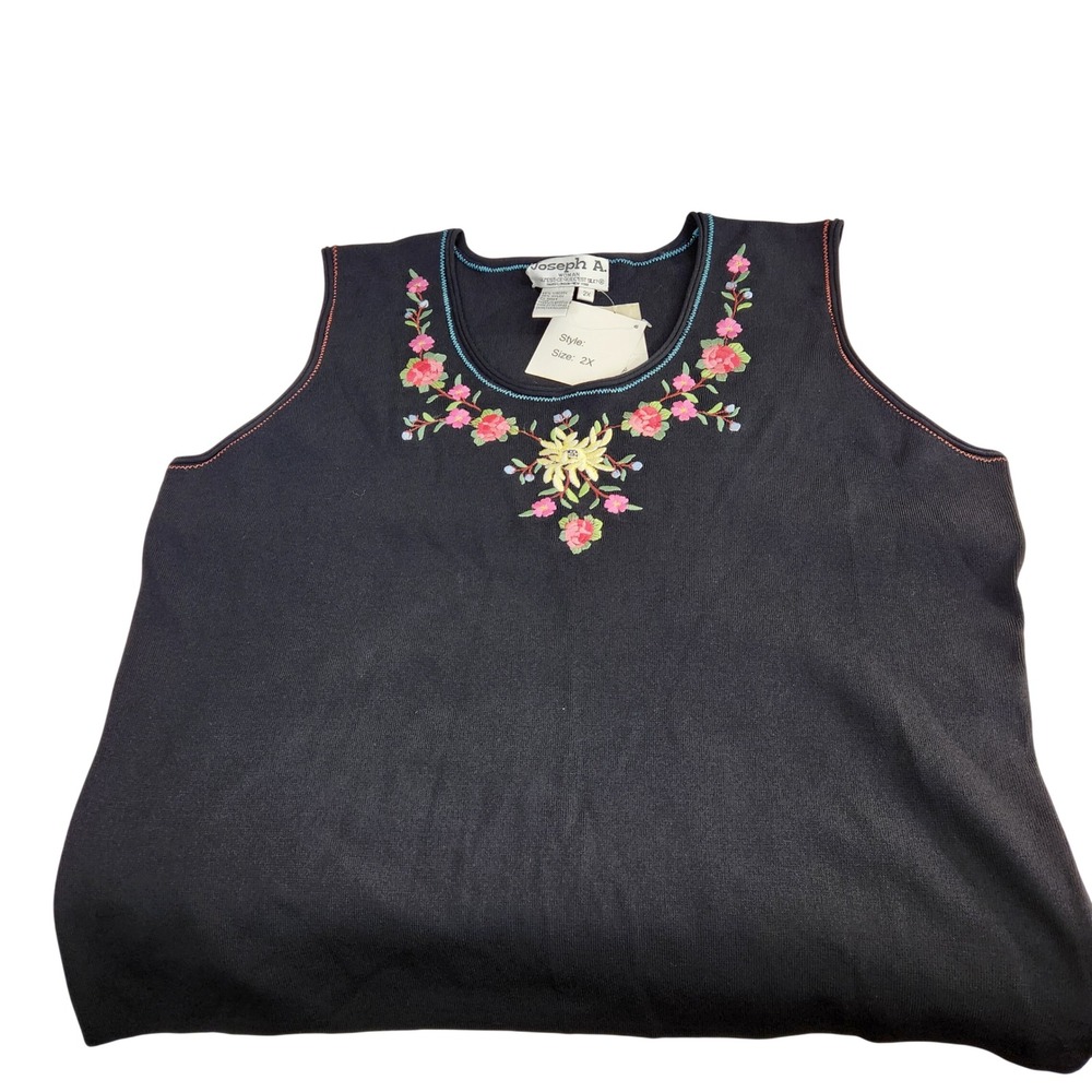 Joseph A Woman Black Floral Embroidered Knit Shell Tank Top Size 2X NWT